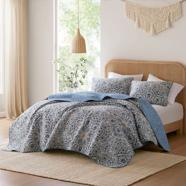 JLA Home Super Listing - Boho Valerie Reversible Quilt with Watercolor Medallion and Tonal Floral, Ultra‑Soft Brushed Microfiber Blue AM14-0593