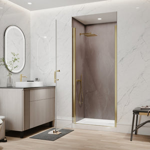English Elm 34-36 in Frameless Pivot Shower Door Clear Tempered Glass with Brushed Gold Hardware W637P400612