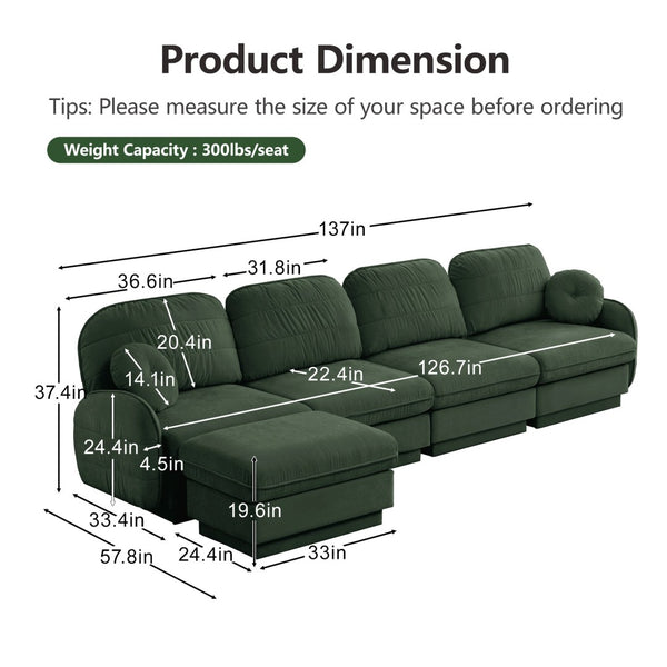 English Elm 137" Oversized Chenille Sectional Sofa with Movable Ottoman and Quilted Cushions Green W714S01772