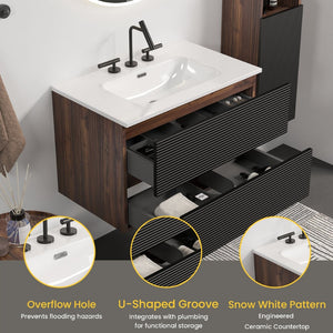 English Elm Gloria Floating Bathroom Vanity Walnut Two-tone Ceramic Sink Modern Storage Cabinet W1865S00199