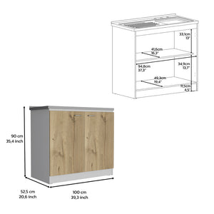 English Elm Freestanding Sink Cabinet With Double Doors & Two Shelves In White And Light Oak For Modern Kitchens B097S00137