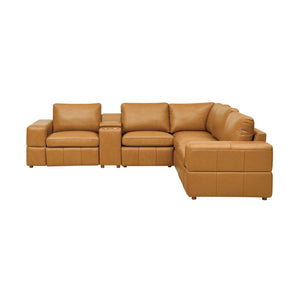 English Elm Premium Leather Match Sectional with Dual Recliners Cup Holders and Storage Console Ginger B2748S00151