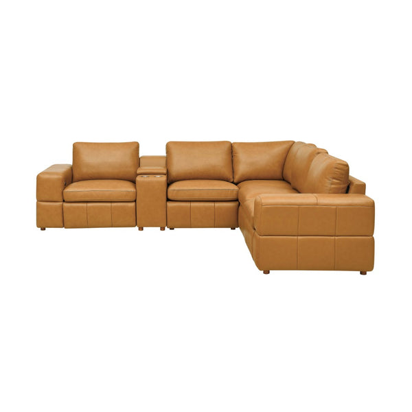 English Elm Premium Leather Match Sectional with Dual Recliners Cup Holders and Storage Console Ginger B2748S00151