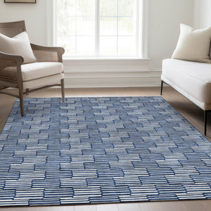 HomeRoots 9' X 12' Navy Blue & Silver Abstract Geometric Washable Area Rug - Durable, Stylish & UV-Protected! 673000