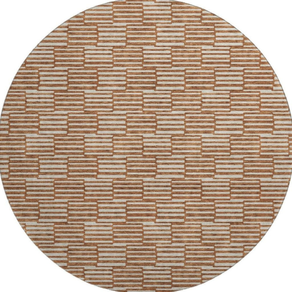 HomeRoots 8' Stylish Rust and Beige Abstract Round Rug - Washable, UV Protected, Stain Resistant, Durable Design 673004