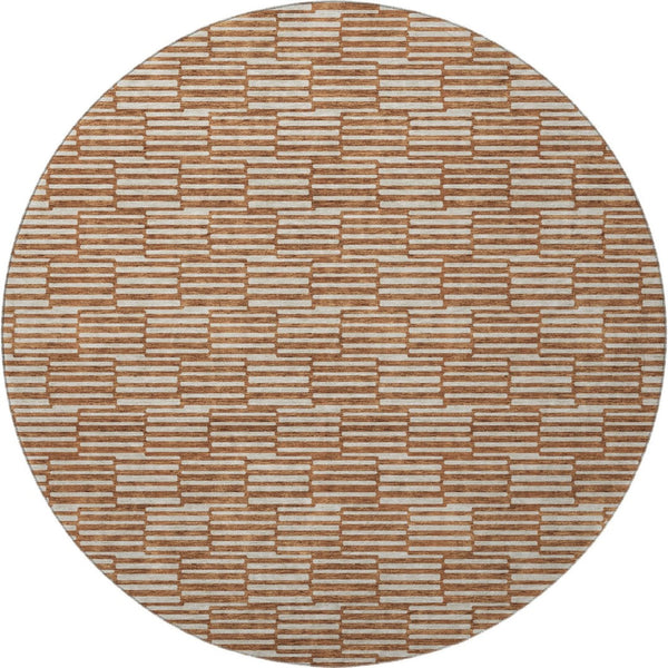 HomeRoots 8' Stylish Rust and Beige Abstract Round Rug - Washable, UV Protected, Stain Resistant, Durable Design 673004