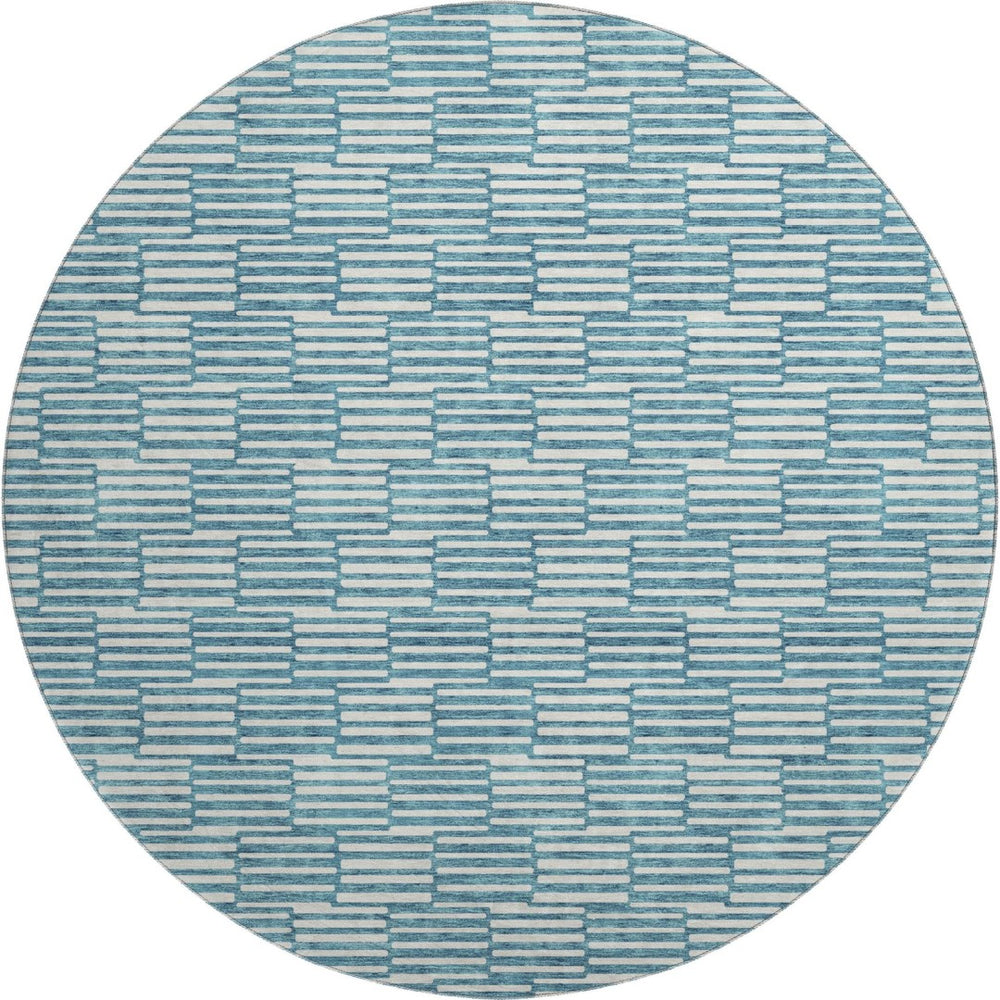 HomeRoots 8' Teal and Beige Geometric Round Rug - Washable, UV Protected, Stylish, and Durable for Any Space! 673016