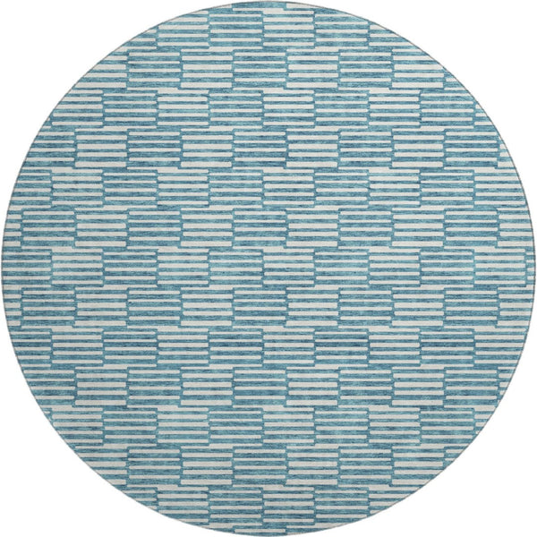 HomeRoots 8' Teal and Beige Geometric Round Rug - Washable, UV Protected, Stylish, and Durable for Any Space! 673016