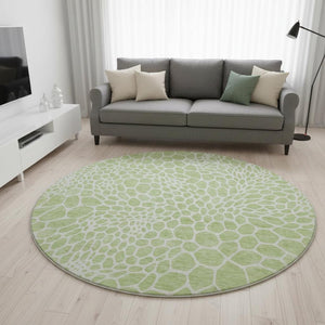 HomeRoots 8' Artichoke Green & Ivory Geometric Washable Round Rug - UV Protected, Durable & Easy Care Design 673022