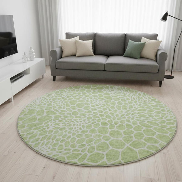 HomeRoots 8' Artichoke Green & Ivory Geometric Washable Round Rug - UV Protected, Durable & Easy Care Design 673022