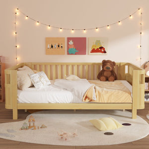 English Elm Queen Low Profile Pine Wood Kids Platform Bed with Guardrails and Rounded Safety Posts Natural W2593P409123
