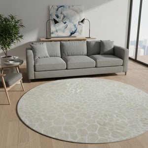 HomeRoots 8' Beige And Ivory Geometric Round Rug - Washable, UV Protected, and Perfect for High-Traffic Areas 673028