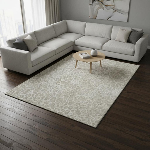 HomeRoots 9' X 12' Beige and Ivory Geometric Area Rug – Washable, UV Protected, Durable & Pet-Friendly Design 673030