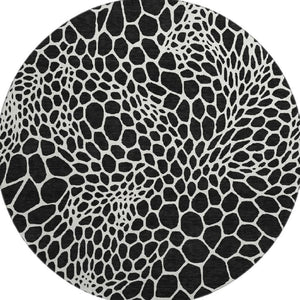HomeRoots 8' Black and Ivory Geometric Round Rug - Washable, UV-Protected, Durable for Homes with Kids & Pets 673034