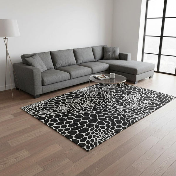 HomeRoots 8' X 10' Black and Ivory Geometric Area Rug – Stylish, Washable, UV-Protected for Modern Homes 673035