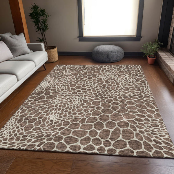 HomeRoots 10' X 14' Geometric Area Rug in Brown and Beige - Durable, Washable, UV Protected for Busy Homes 673043