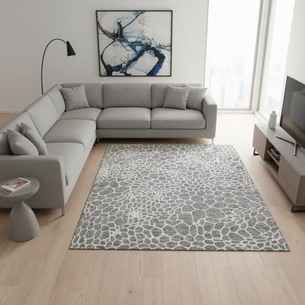HomeRoots 10' x 14' Gray and Ivory Geometric Area Rug - Washable, Stain Resistant, UV Protected for Busy Homes 673055