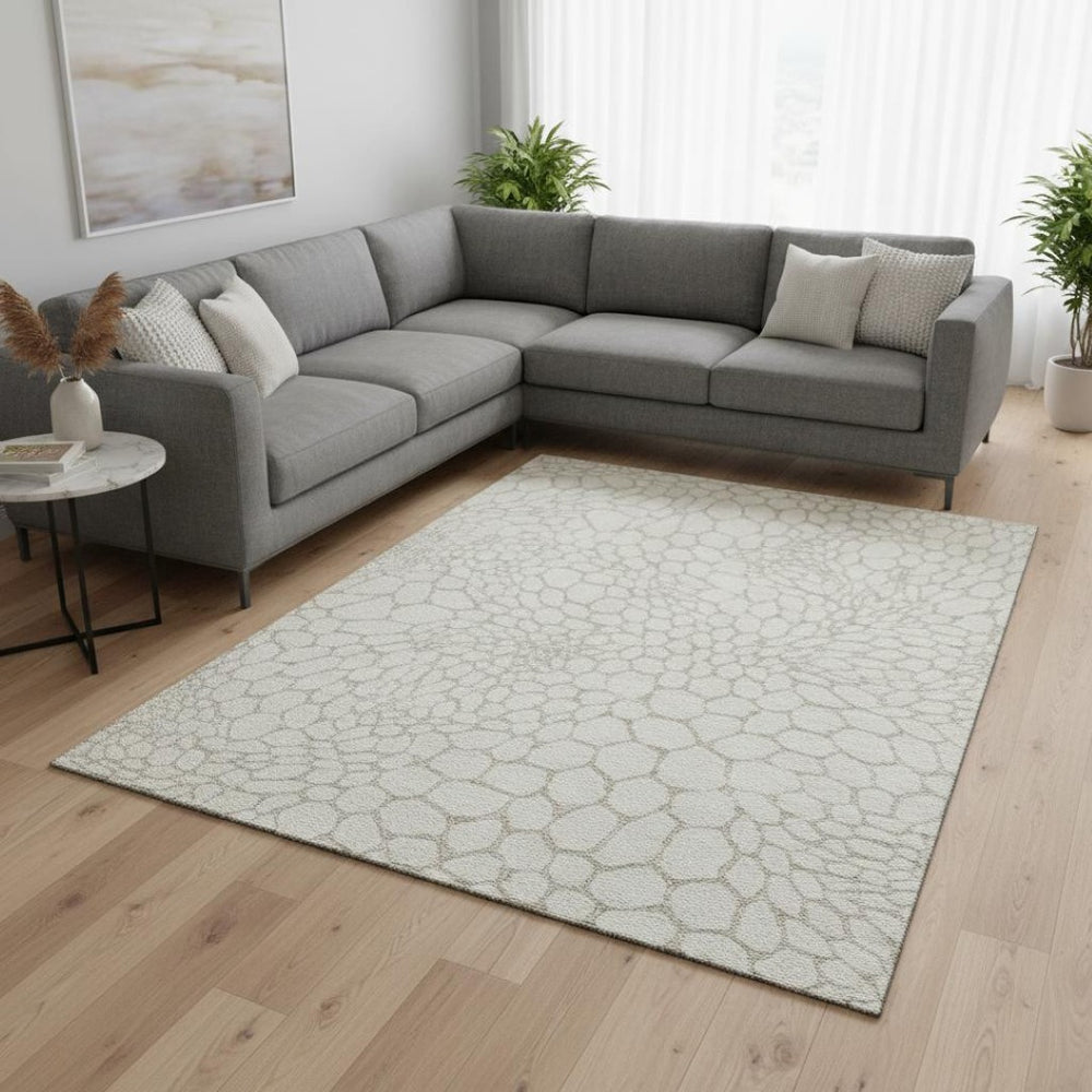 HomeRoots 9' X 12' Ivory and Beige Geometric Area Rug - Washable, UV Protected, Durable for High-Traffic Spaces 673060