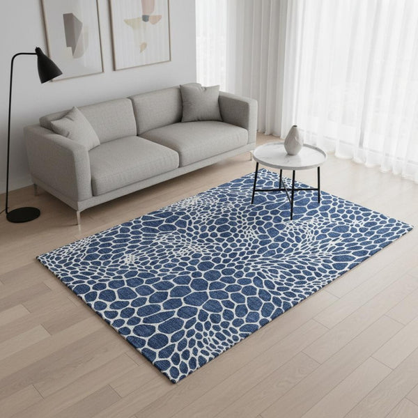 HomeRoots 5' X 8' Navy Blue & Ivory Geometric Area Rug - Washable, UV-Protected, Stylish & Durable Design 673075