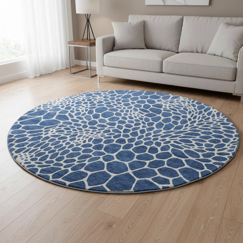 HomeRoots 8' Navy Blue and Ivory Geometric Round Rug – Washable, UV Protected, Stain Resistant for Busy Homes 673076