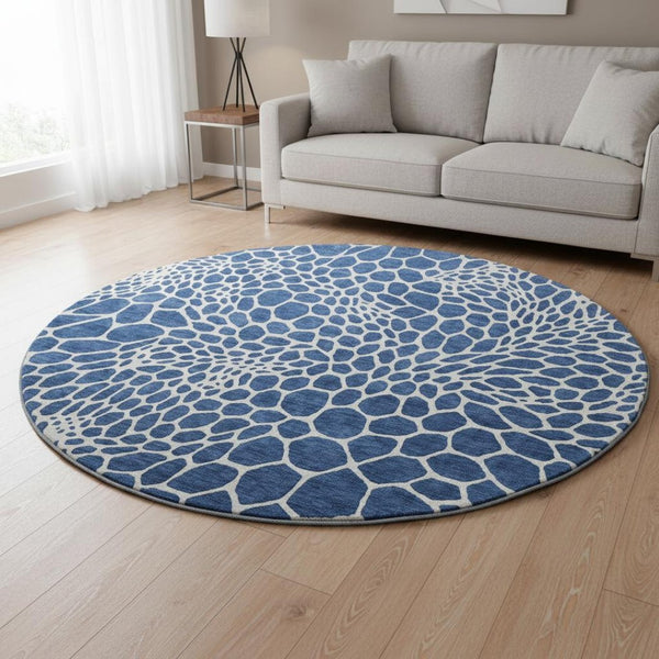 HomeRoots 8' Navy Blue and Ivory Geometric Round Rug – Washable, UV Protected, Stain Resistant for Busy Homes 673076