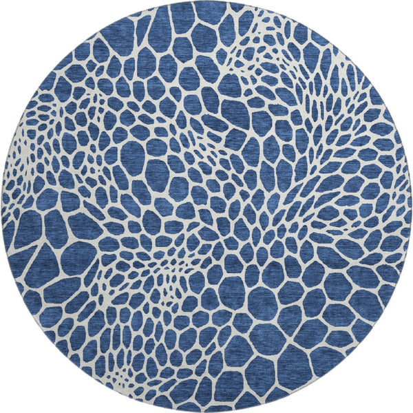 HomeRoots 8' Navy Blue and Ivory Geometric Round Rug – Washable, UV Protected, Stain Resistant for Busy Homes 673076
