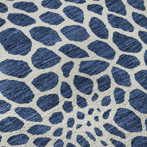 HomeRoots 8' Navy Blue and Ivory Geometric Round Rug – Washable, UV Protected, Stain Resistant for Busy Homes 673076