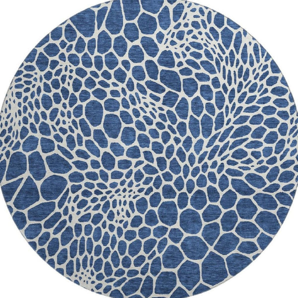 HomeRoots 8' Navy Blue and Ivory Geometric Round Rug – Washable, UV Protected, Stain Resistant for Busy Homes 673076