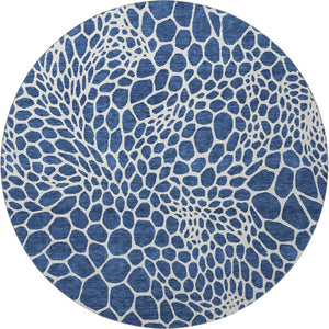 HomeRoots 8' Navy Blue and Ivory Geometric Round Rug – Washable, UV Protected, Stain Resistant for Busy Homes 673076