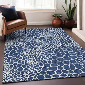 HomeRoots 9' X 12' Navy Blue Geometric Area Rug – Washable, UV-Protected, Stain-Resistant for High-Traffic Areas 673078
