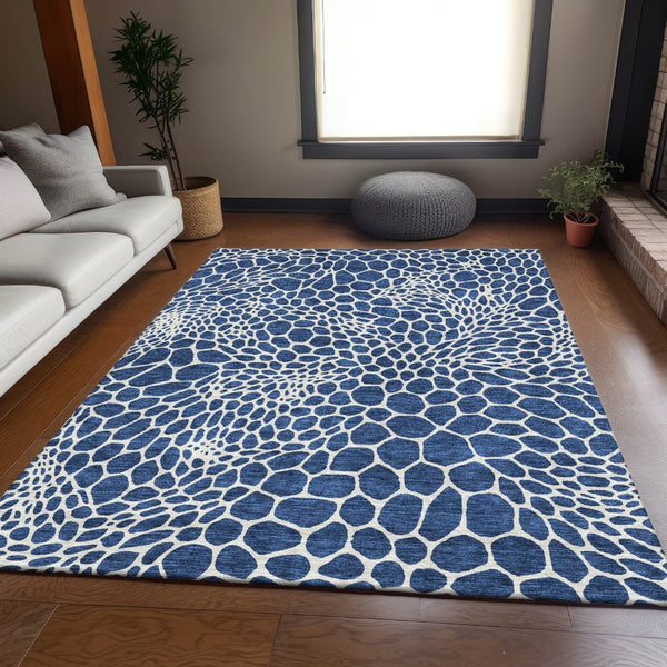 HomeRoots 9' X 12' Navy Blue Geometric Area Rug – Washable, UV-Protected, Stain-Resistant for High-Traffic Areas 673078