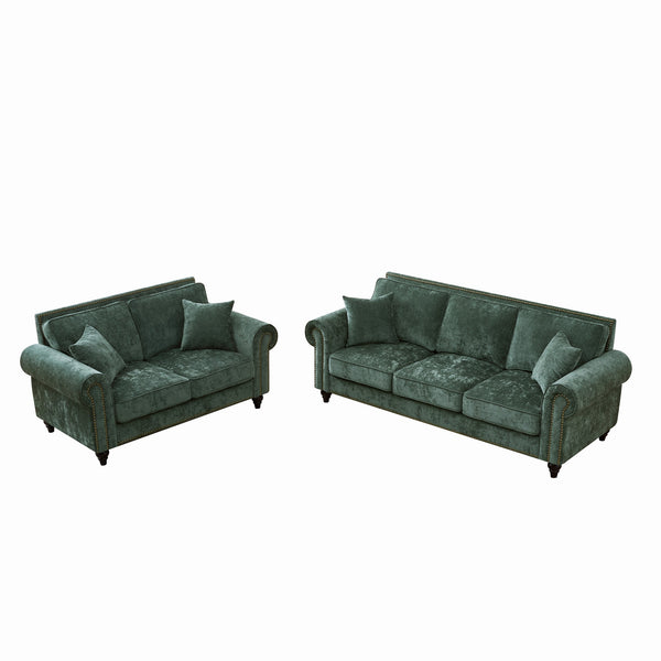 English Elm Modern Chenille 3+2 Seater Sofa with Rolled Arms, Velvet Touch, Nailhead Trim, Solid Wood Legs, Cozy Green W3373S00044