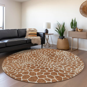 HomeRoots 8' Washable Round Rug in Rust & Ivory - Durable Geometric Design with UV Protection for Any Space 673082