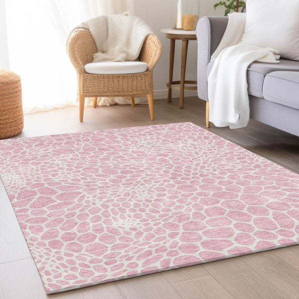 HomeRoots 10' X 14' Pink And Ivory Geometric Washable Area Rug with UV Protection for Stylish Living Spaces 673091