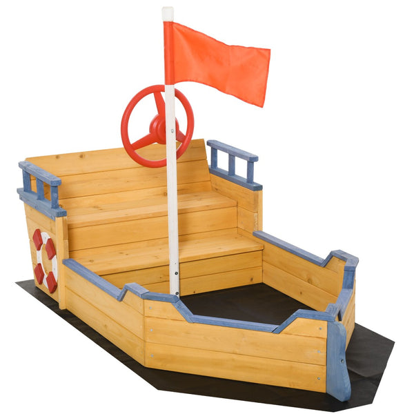 English Elm Outsunny Cedar Wood Pirate Ship Sandbox with Bench Seating and Storage for Kids W2225P217337