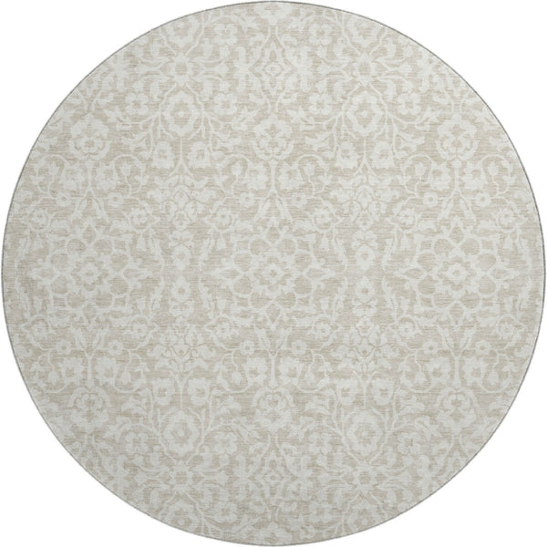 HomeRoots 8' Beige And Ivory Damask Round Rug – Washable, UV Protected, Elegant Design for High-Traffic Areas 673100