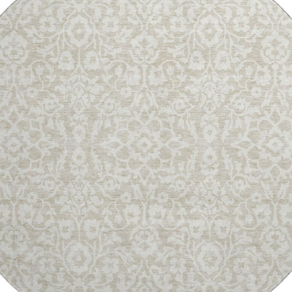 HomeRoots 8' Beige And Ivory Damask Round Rug – Washable, UV Protected, Elegant Design for High-Traffic Areas 673100