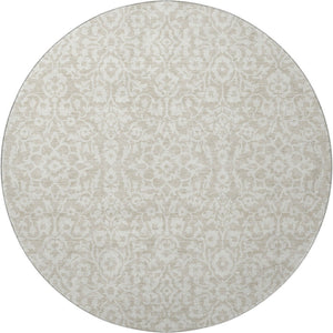 HomeRoots 8' Beige And Ivory Damask Round Rug – Washable, UV Protected, Elegant Design for High-Traffic Areas 673100