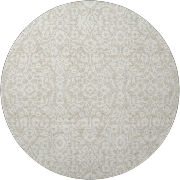 HomeRoots 8' Beige And Ivory Damask Round Rug – Washable, UV Protected, Elegant Design for High-Traffic Areas 673100