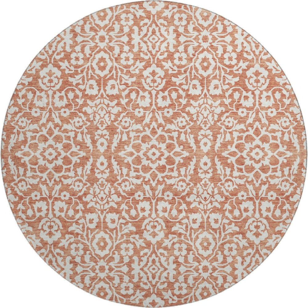 HomeRoots 8' Coral and Beige Damask Round Rug - Washable, UV-Protected, Perfect for Homes with Kids & Pets 673106