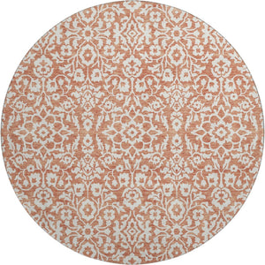 HomeRoots 8' Coral and Beige Damask Round Rug - Washable, UV-Protected, Perfect for Homes with Kids & Pets 673106