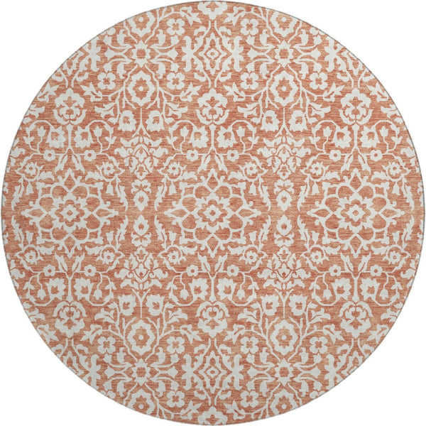 HomeRoots 8' Coral and Beige Damask Round Rug - Washable, UV-Protected, Perfect for Homes with Kids & Pets 673106