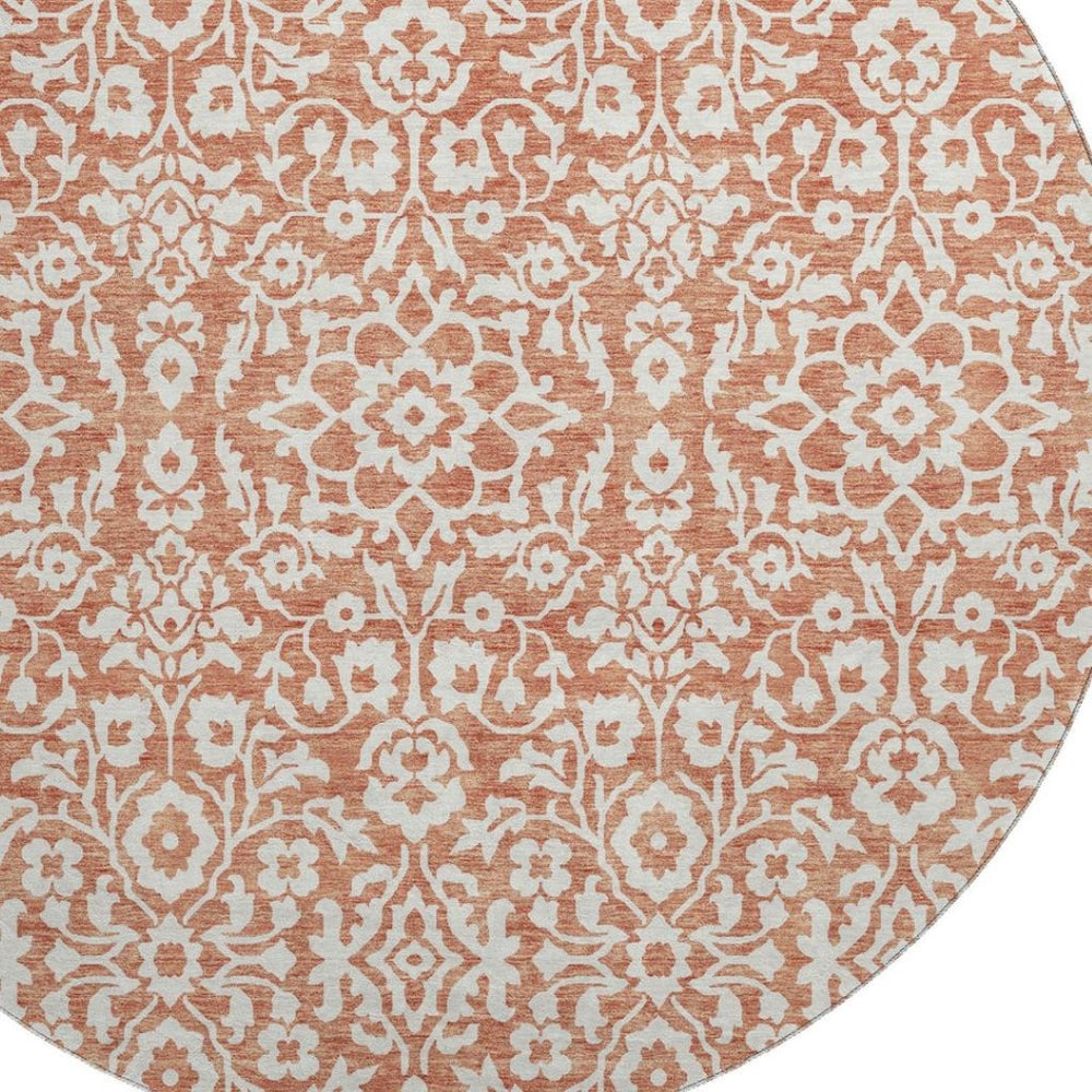 HomeRoots 8' Coral and Beige Damask Round Rug - Washable, UV-Protected, Perfect for Homes with Kids & Pets 673106