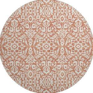 HomeRoots 8' Coral and Beige Damask Round Rug - Washable, UV-Protected, Perfect for Homes with Kids & Pets 673106