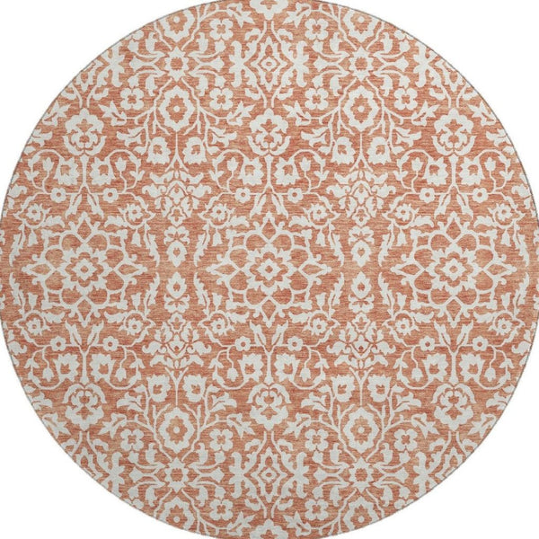 HomeRoots 8' Coral and Beige Damask Round Rug - Washable, UV-Protected, Perfect for Homes with Kids & Pets 673106