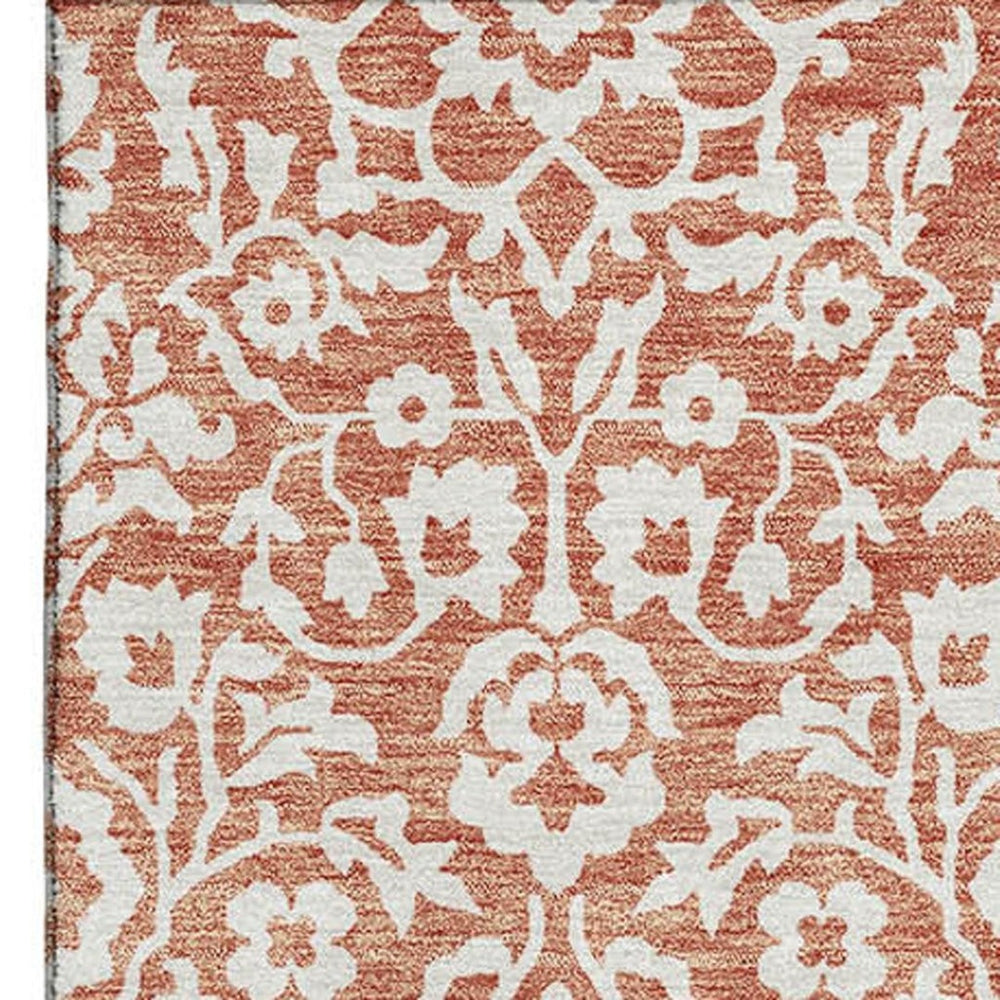 HomeRoots 8' X 10' Coral & Beige Damask Washable Area Rug - Stain Resistant, UV Protected, Family-Friendly Design 673107