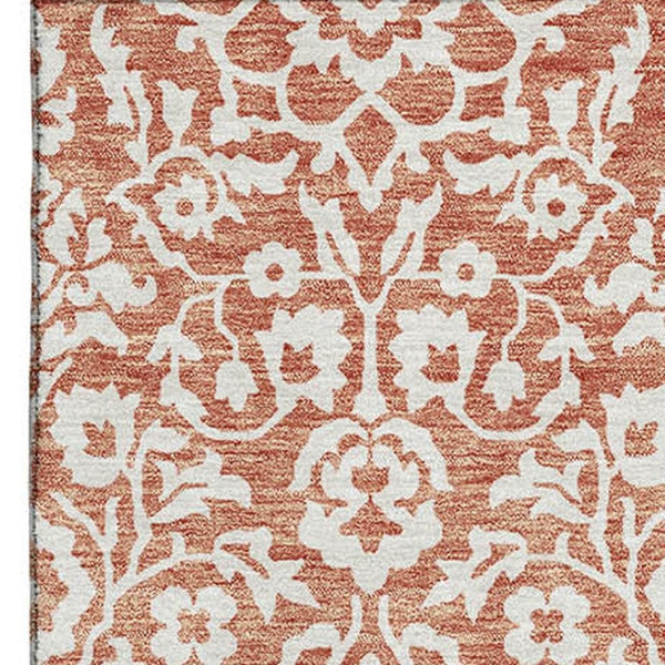 HomeRoots 8' X 10' Coral & Beige Damask Washable Area Rug - Stain Resistant, UV Protected, Family-Friendly Design 673107
