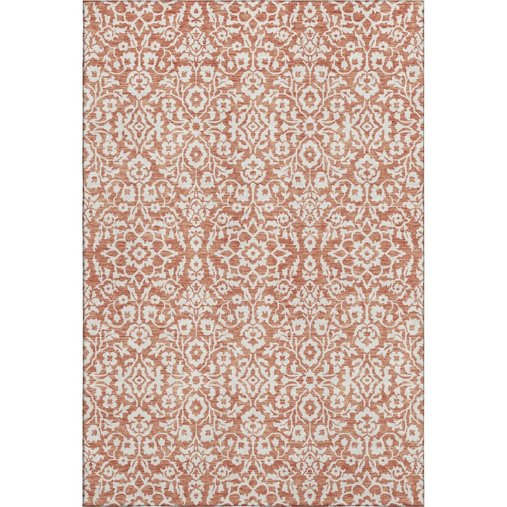 HomeRoots 9' X 12' Coral And Beige Damask Area Rug - Stylish, Stain-Resistant, UV Protected for Family Spaces 673108