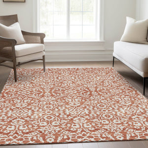 HomeRoots 9' X 12' Coral And Beige Damask Area Rug - Stylish, Stain-Resistant, UV Protected for Family Spaces 673108