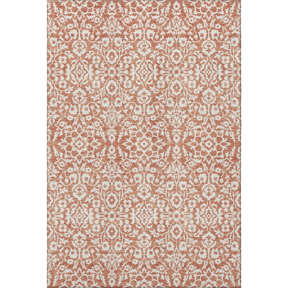 HomeRoots 9' X 12' Coral And Beige Damask Area Rug - Stylish, Stain-Resistant, UV Protected for Family Spaces 673108